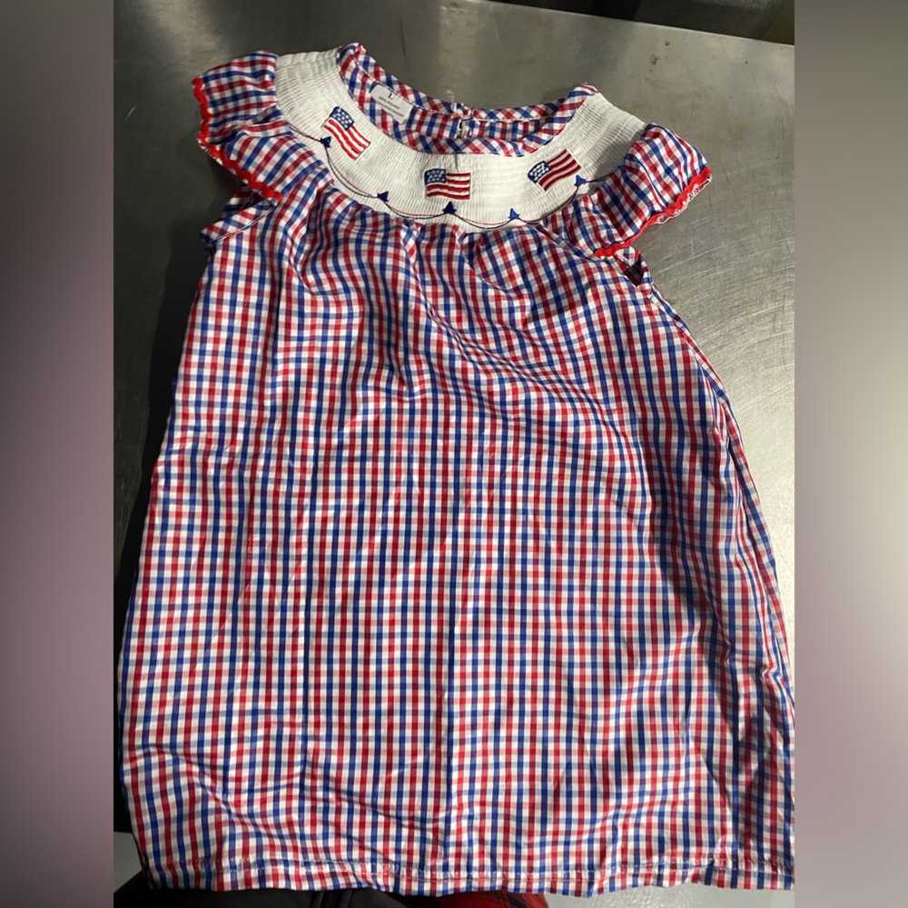 Elizabeth Ann Girl Smocked American Flag Dress Checkered Size 4t